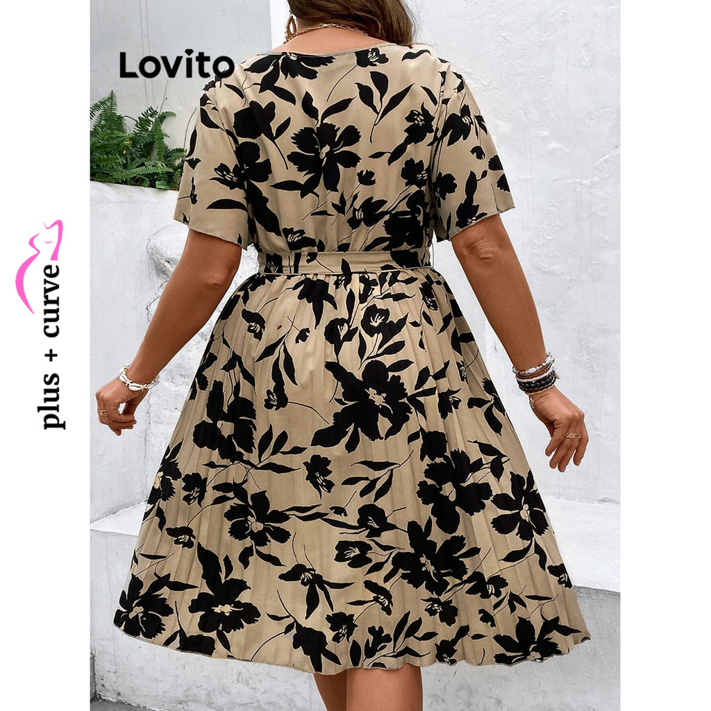 Detalhes do Lovito Vestido Curvo Plus Size Elegante Ditsy Floral Com Cadarço Vestido Plissado Para Mulheres LBL08207 (Multicolorido)