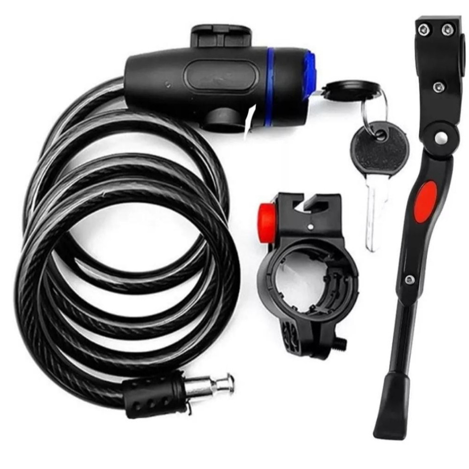 Trava Cabo De Aço Cadeado Segurança Bike Moto Espiral Anti-Roubo + Descanso Pezinho Para Bike Lateral -STARYE