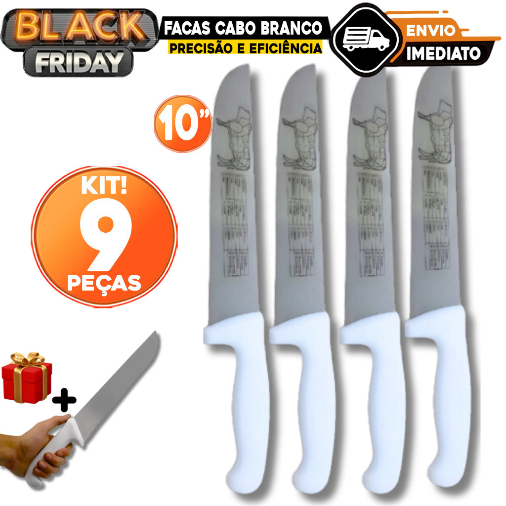 Kit 9 Faca Tamanho 10 Aço Inox Cabo Branco Cozinha Açougue Restaurante Churrascaria Cozinha