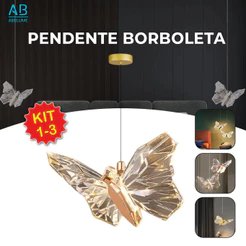 Luminária Pendente Lustre Borboleta de Luxo Cristal Dourada Moderna 3 Tons de Luz Bivolt