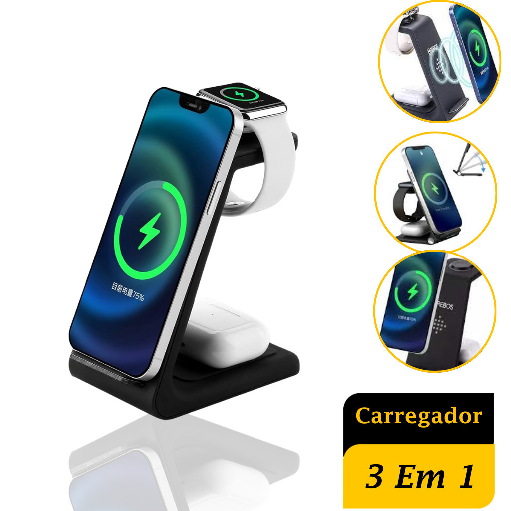 Carregador 3 Em 1 Indução Qi Wireless 20w Hrebos Universal