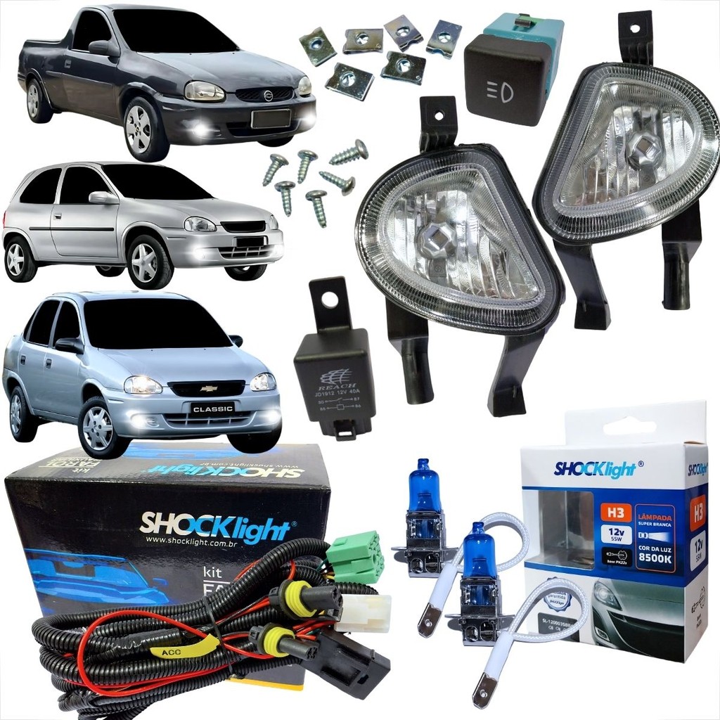 KIT FAROL DE MILHA GM CORSA PICK UP 2000 2001 2002  CLASSIC 2000 ATÉ 2010 BT MOD. ORIGINAL + LAMPADA SUPERBRANCA