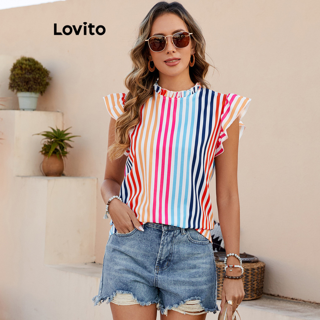 Lovito Blusa casual com babados e listras em arco-íris para mulheres LBL20454 - Women Clothes