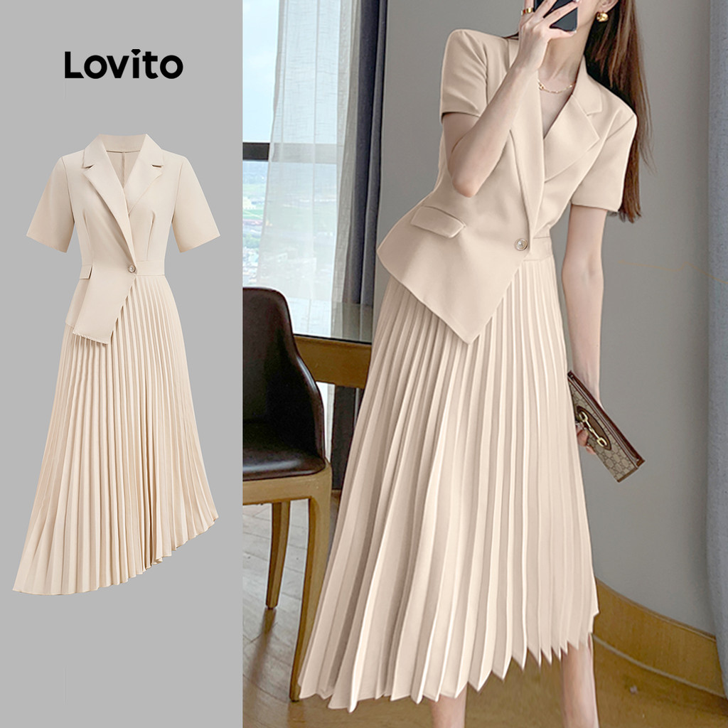 Lovito Vestido Casual Liso Plissado Assimétrico Para Mulheres L132ED974