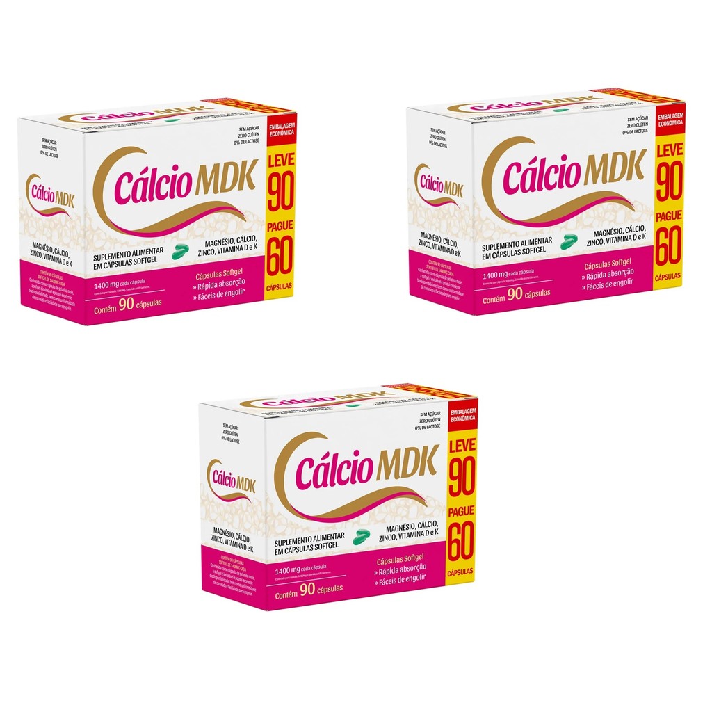 Kit 3 Vitamina Cálcio MDK 90 Cápsulas 1850mg - La San-Day