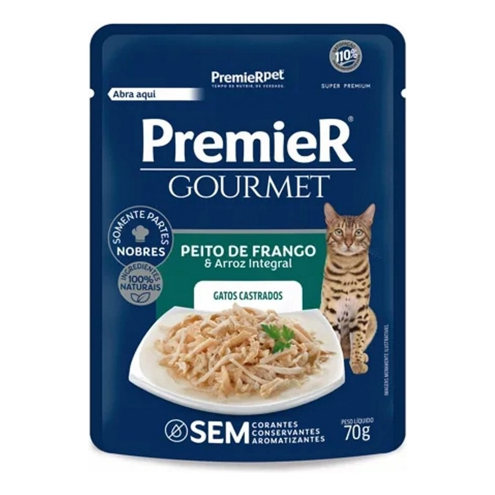 Kit 10 com Unidades de Sachê Premier Gourmet Gato Castrado Frango 70g