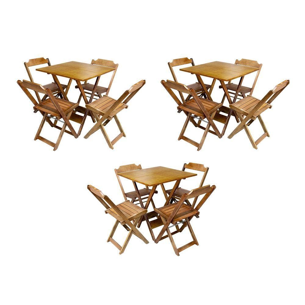Kit 3 Jogos De Mesa Dobravel Com 4 Cadeiras De Madeira 70X70 Para Restaurante E Bar - Mel em Oferta na Shopee