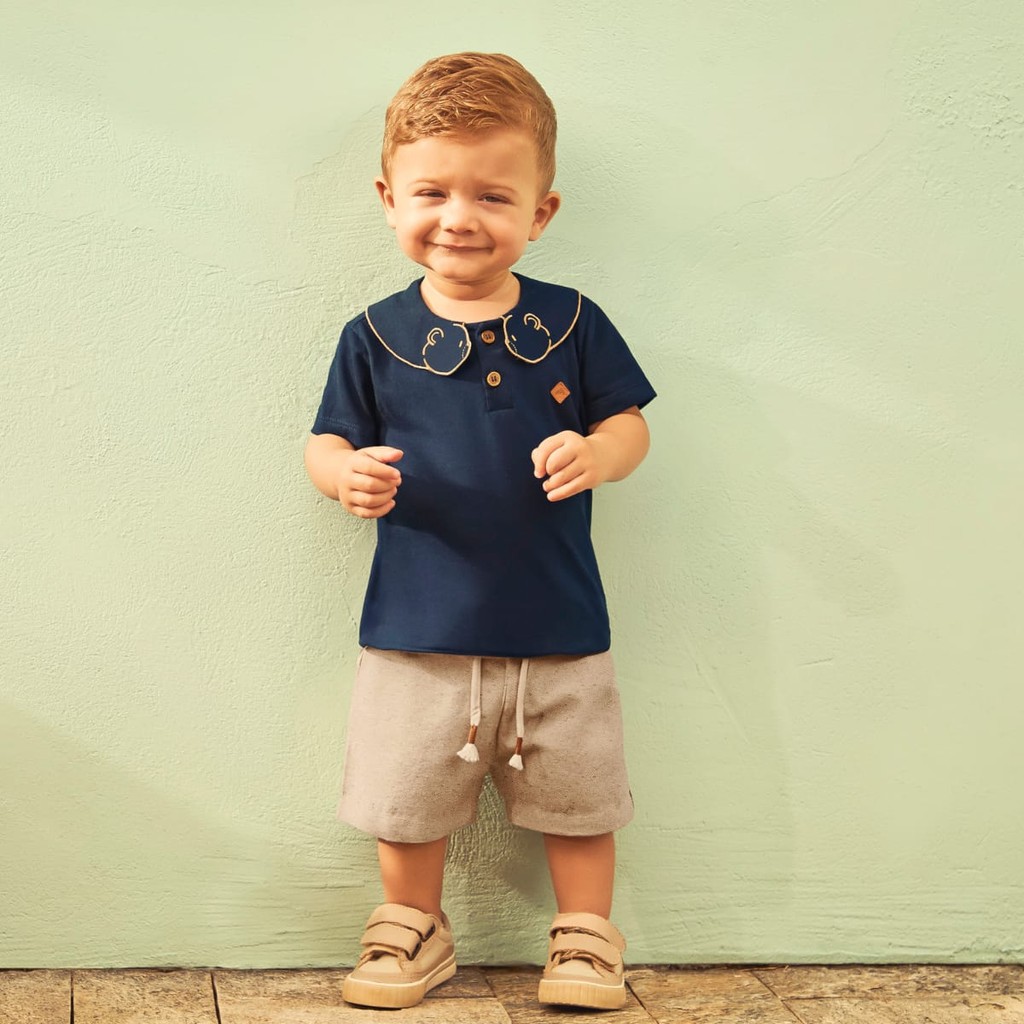 Conjunto Polo meia Malha Bebe e Bermuda Sarja - Glinny