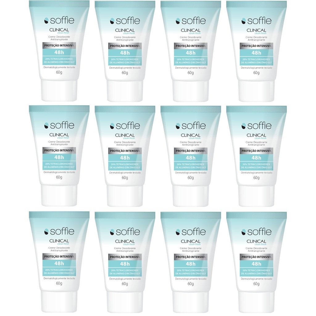 Kit com 12 Desodorantes Antitranspirantes - Soffie Clinical Clean Fresh 48h