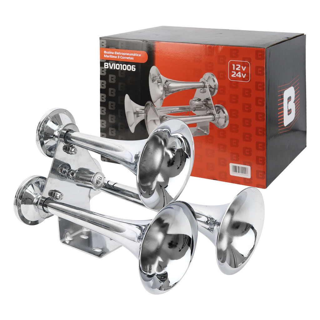 Buzina Ar Caminhão Cromada Som de Trem Navio 3 Cornetas Marítima Bivolt 12V 24V Som Muito Alto em Oferta na Shopee