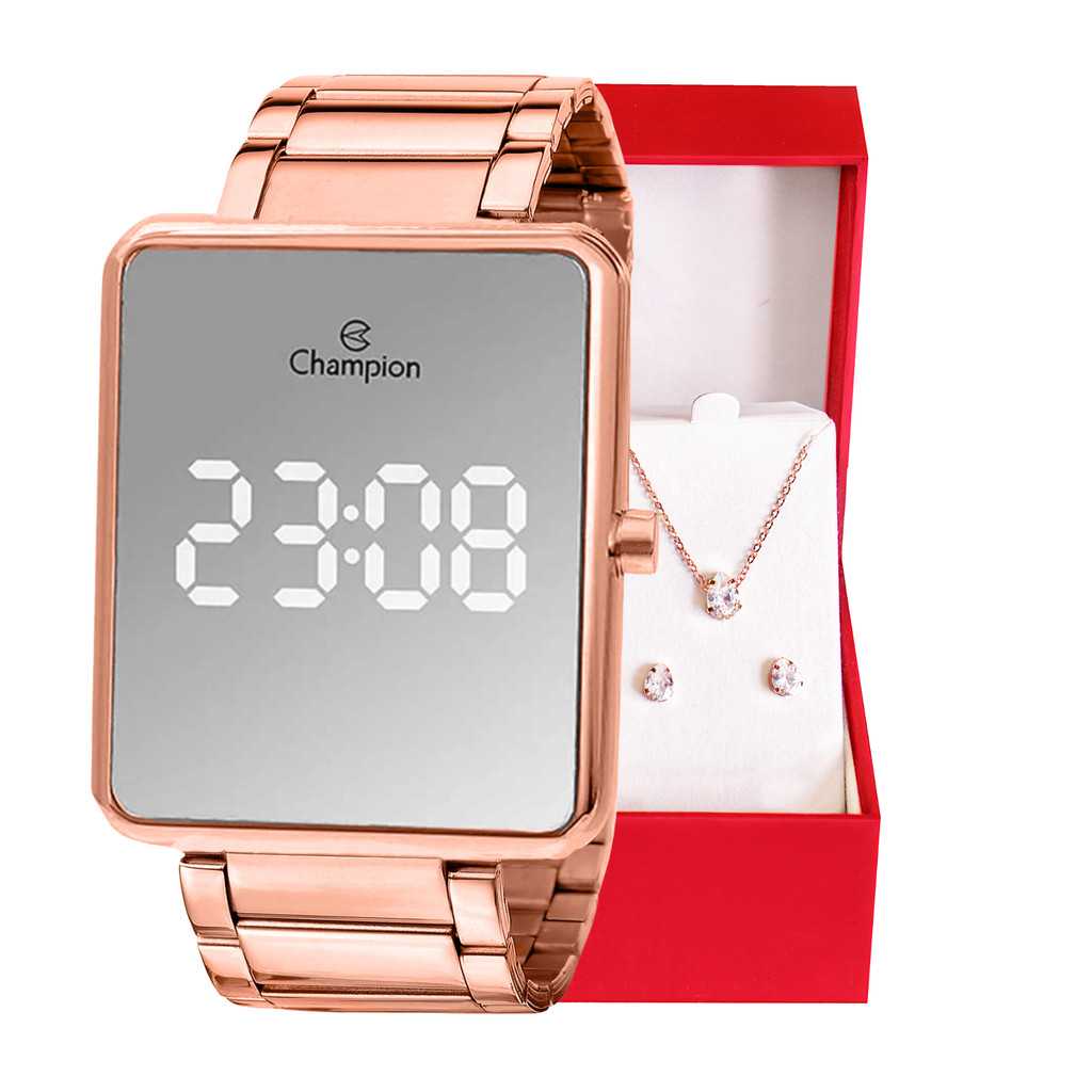 Imagem Relógio Champion Feminino Digital Rose Espelhado Colar Brincos CH40086Z