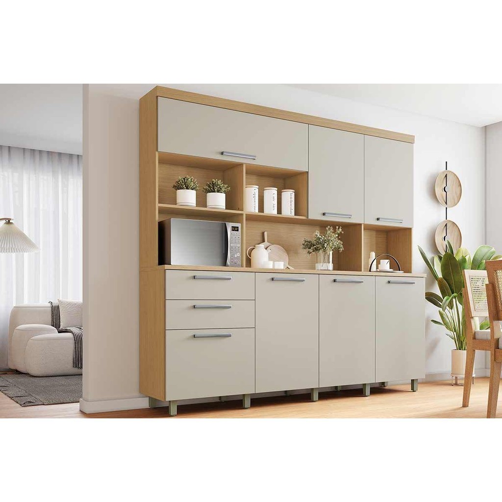 Cozinha Compacta Nobreza c/ 7 Portas e 2 Gavetas 210cm Carvalho/Cinza - Nesher em Oferta na Shopee