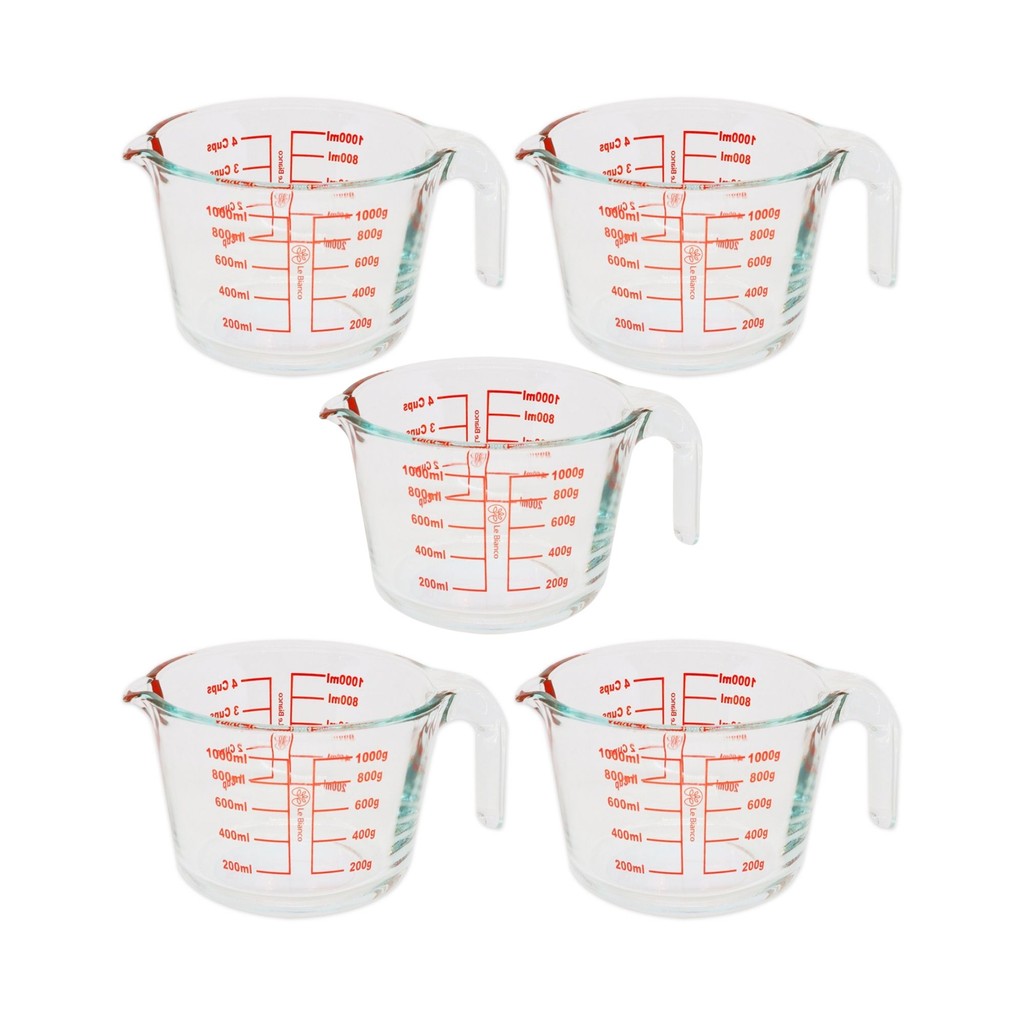 Kit 5 Jarra De Vidro Medidora Graduado 1L Com Alça Bico Temperado Culinária Receita Cozinha