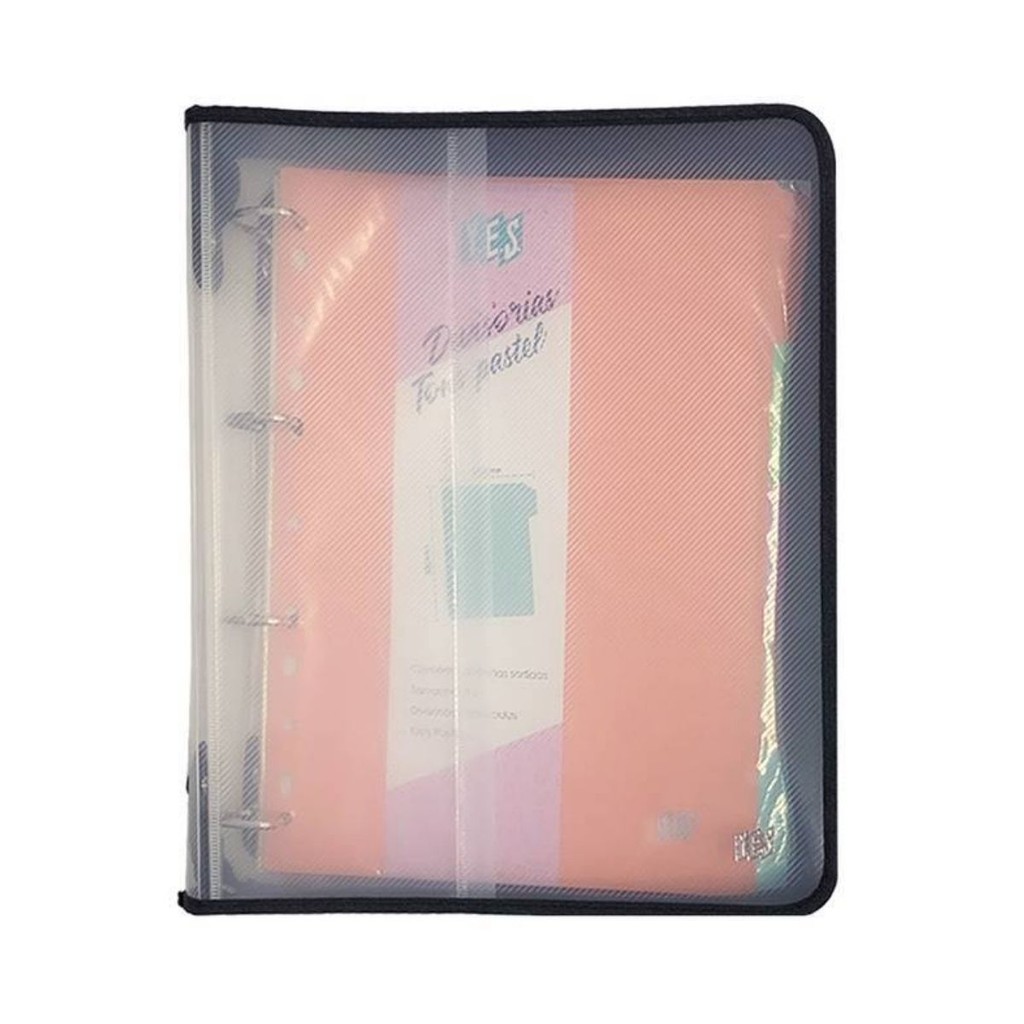 Fichário 4 Argolas com Zíper Universal A4 Cristal YES com Bloco 96 Folhas 5 Divisórias e Planner