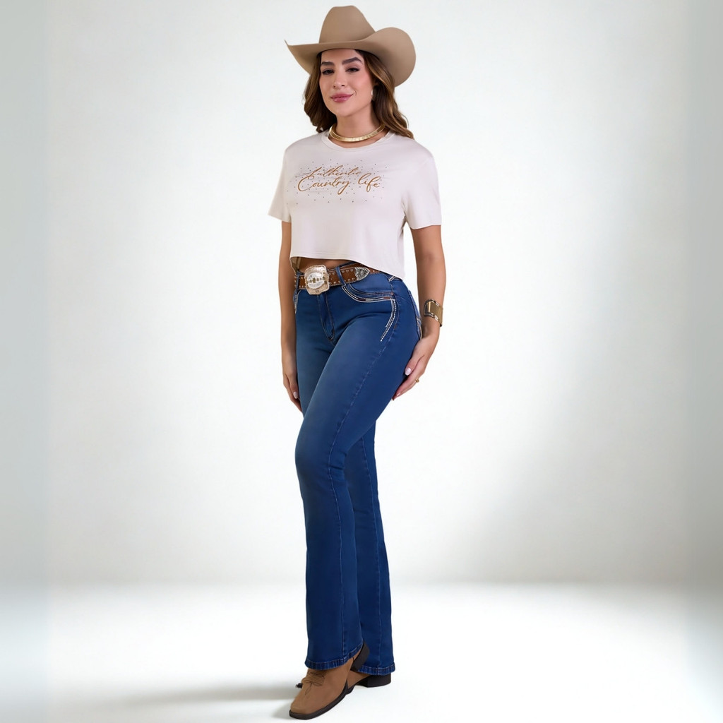 Calça Country Feminina Bordada Flare Jeans Grosso Bill Way