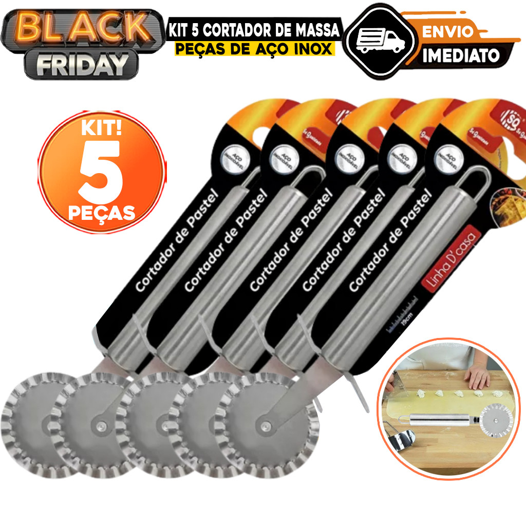 Kit 5 Cortador De Massa Corta e Fecha Pastel Tam 21cm Fechador De Massas Rolo Carretilha com Serrilhado De Aço Inox