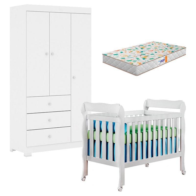 Berço Americano Lila e Guarda Roupa Duda 3 Portas Branco Brilho com Colchão Gazin – Phoenix Baby