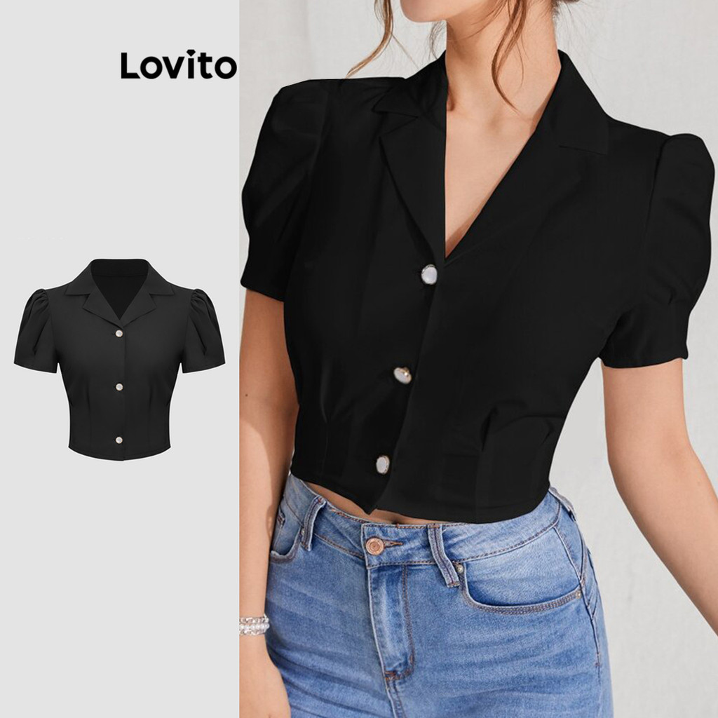 Lovito Blusa Casual Com Botão Liso Plissado Em Tecido Texturizado Para Mulheres L117AD047 em Oferta na Shopee