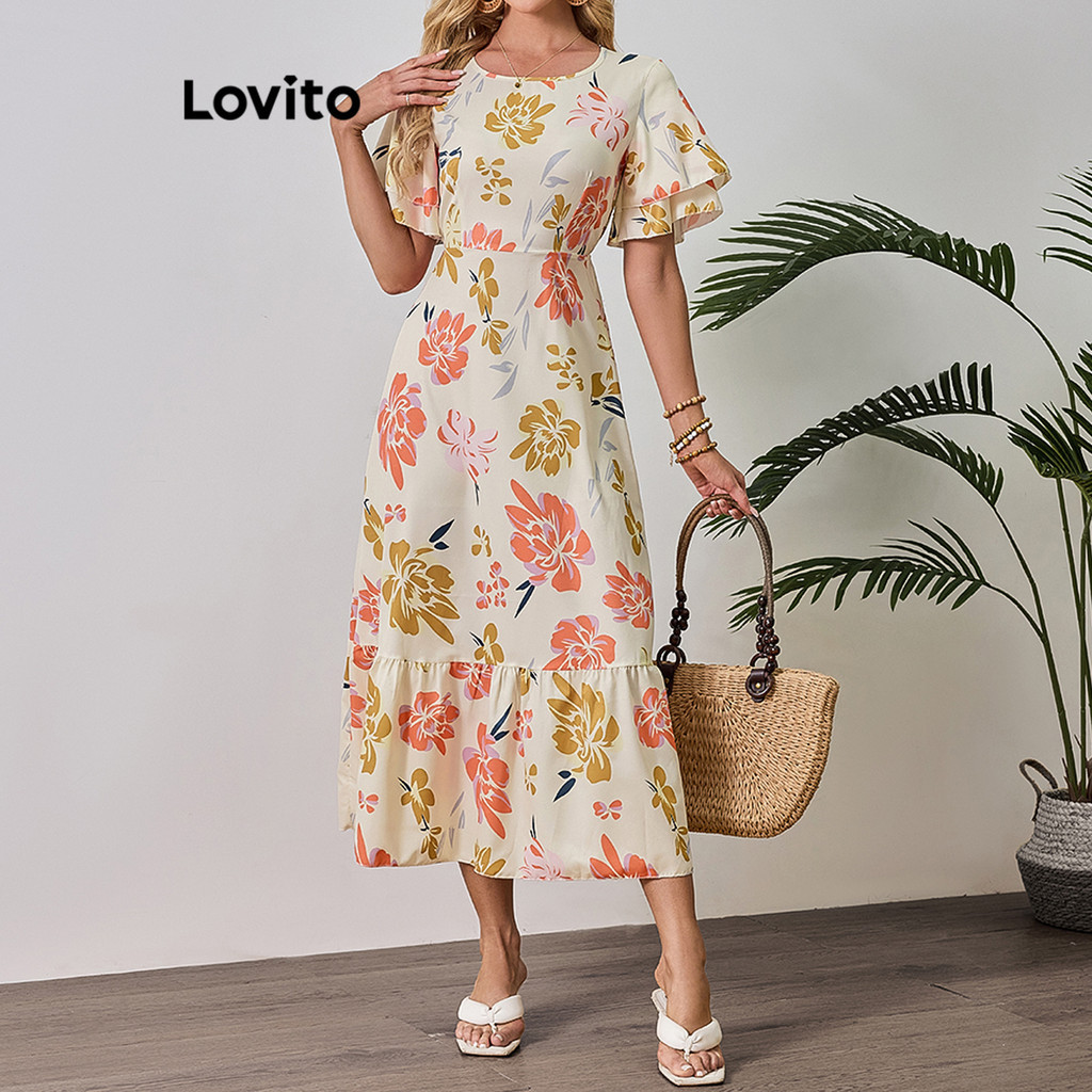 Lovito Vestido com babados e estampa floral boho para mulheres LBL20720 - Women Clothes
