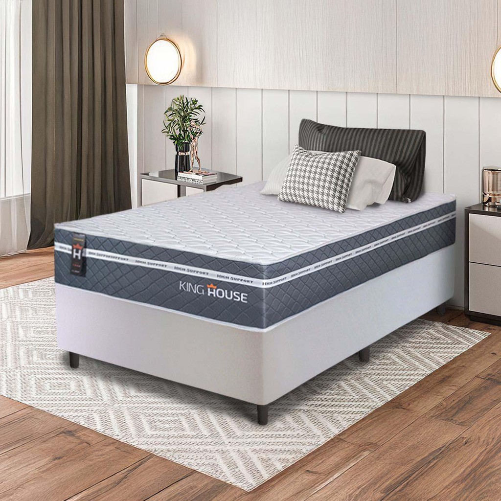 Conjunto Box Branco Cairo Cinza Molas Ensacadas Solteiro 96x203x64 - King House