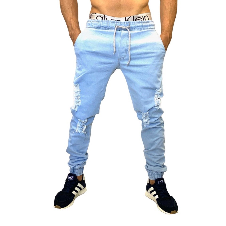 calça masculina Jeans jogger clara rasgada e lisa em Oferta na Shopee