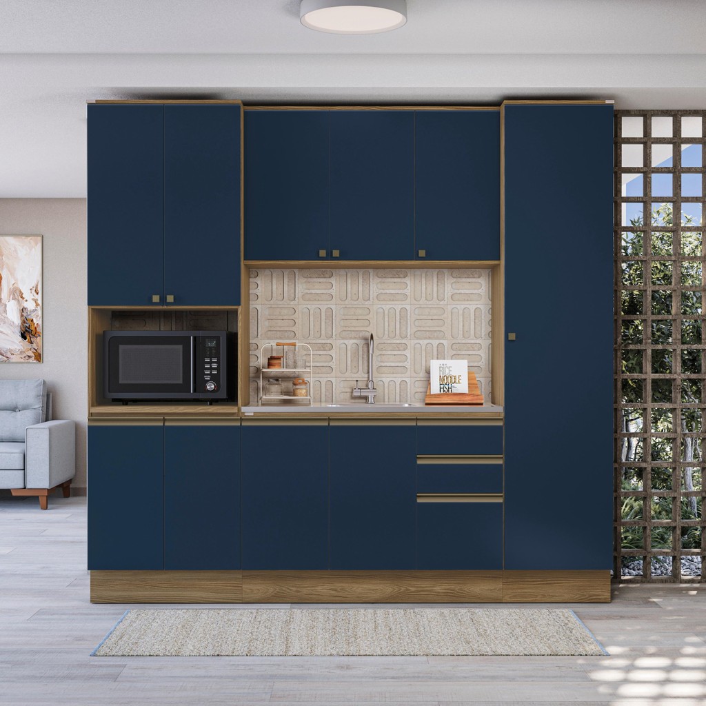 Cozinha Compacta com Kit Forno Celeste Kappesberg 100% MDF Nogueira/Azul 240cm em Oferta na Shopee