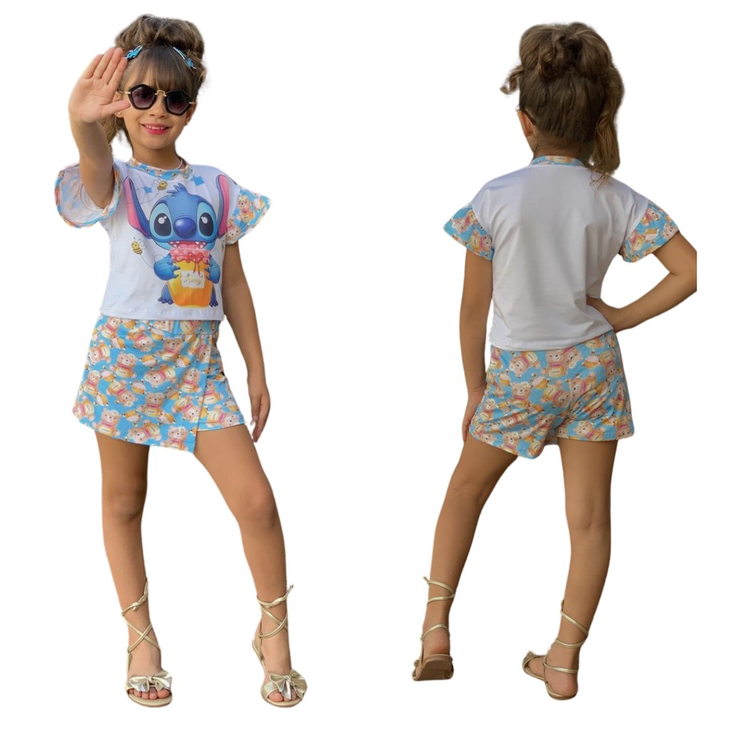 Conjunto Infantil Menina Stitch Moana Estampado- Short Saia com Cropped ou Short e Blusinha- Natal- Lalu