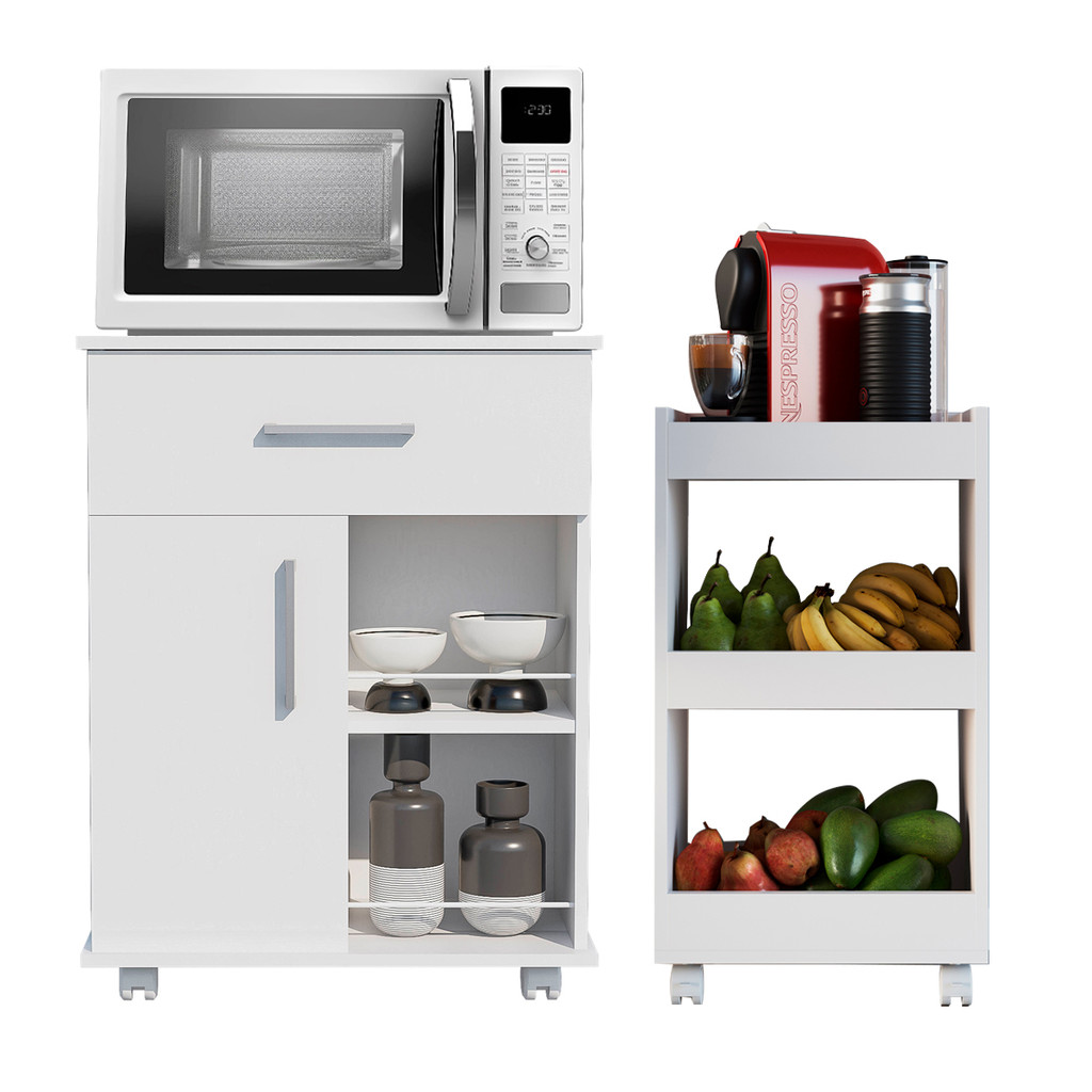 Kit Balcão Com 1 Porta 1 Gaveta para Microondas + Fruteira 3 Prateleiras com Rodinhas em Oferta na Shopee