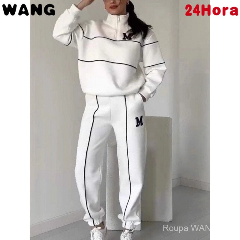 Conjunto moletom feminino de manga comprida com transferência de calor + calças esportivo de duas peças