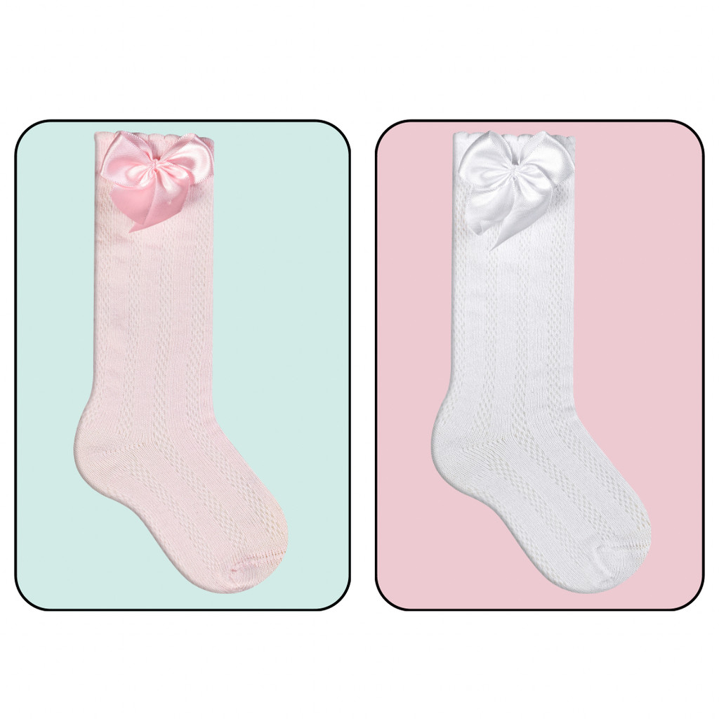 KIT 2 PARES MEIA FESTA BEBÊ 3/4 COM LAÇO ROSA E BRANCO