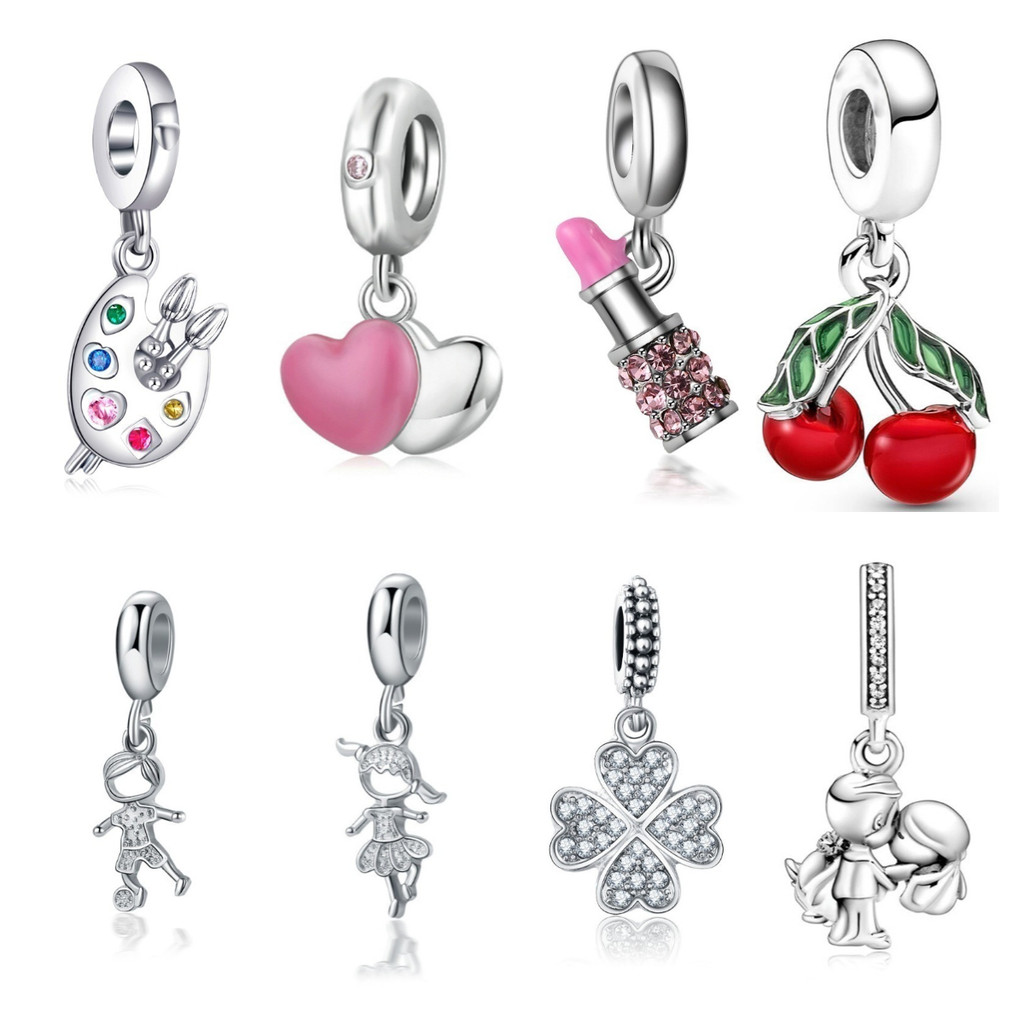 Berloque Amuletos De Prata 925 Trevo Tartaruga Marinha Cereja Acessórios Bracelete Contas Amantes Diamante Inlaid