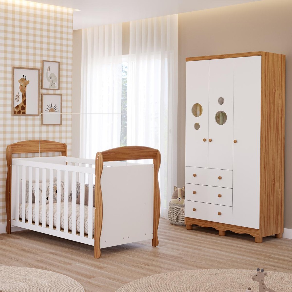 Quarto Bebê Completo Berço Americano Marquesa 3Em1 Guarda Roupa Bolinha 3 Portas 3 Gavetas 100% MDF em Oferta na Shopee