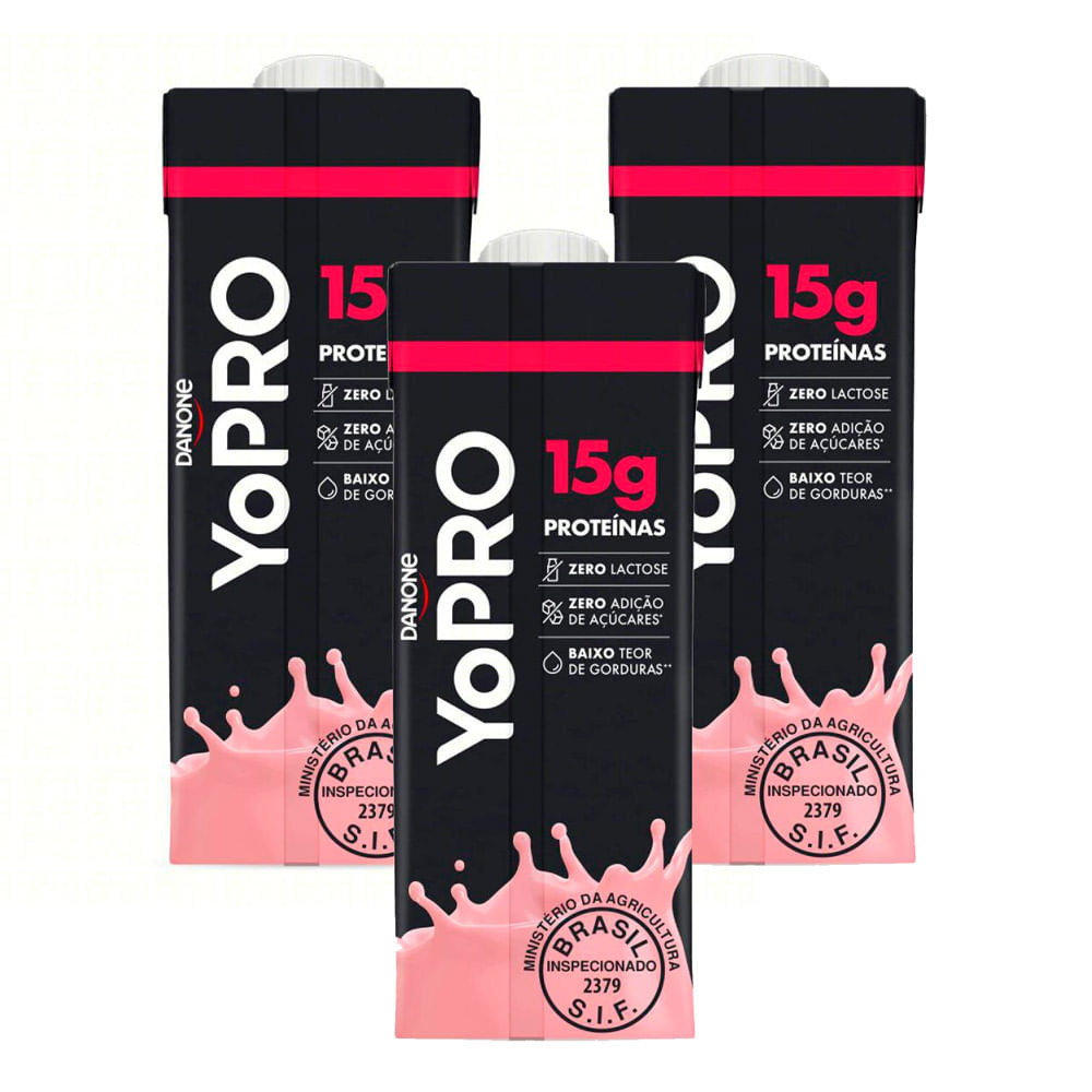 Kit 3 YoPRO Bebida Láctea UHT Morango 15g de proteínas 250ml - Health