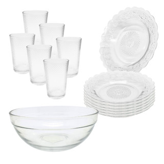 Aparelho De Jantar Copos E Pratos Fundo Vidro e Bowl Pro Liso 2,1L 13 Peças