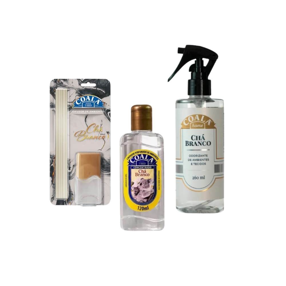 Kit Coala Home Cha Branco Essencia Limpador Home Disfusor de Aromas Odorizante Tecidos Coala