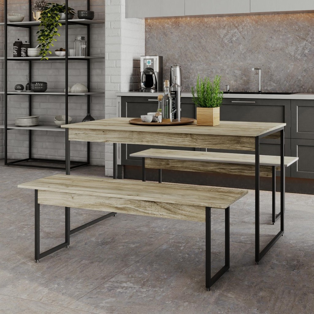 Mesa de Jantar com 2 Bancos Estilo Industrial TUB 