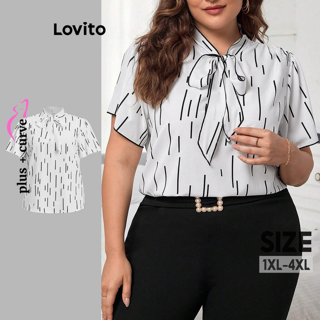 Lovito Blusa plus size elegante geométrica com amarração frontal para mulheres LBL20083 em Oferta na Shopee