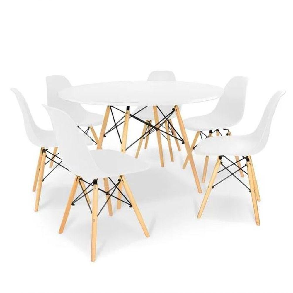 Conjunto De Mesa Eames Eiffel Redonda 120cm Branco + 6 Cadeiras Brancas - Home & Living