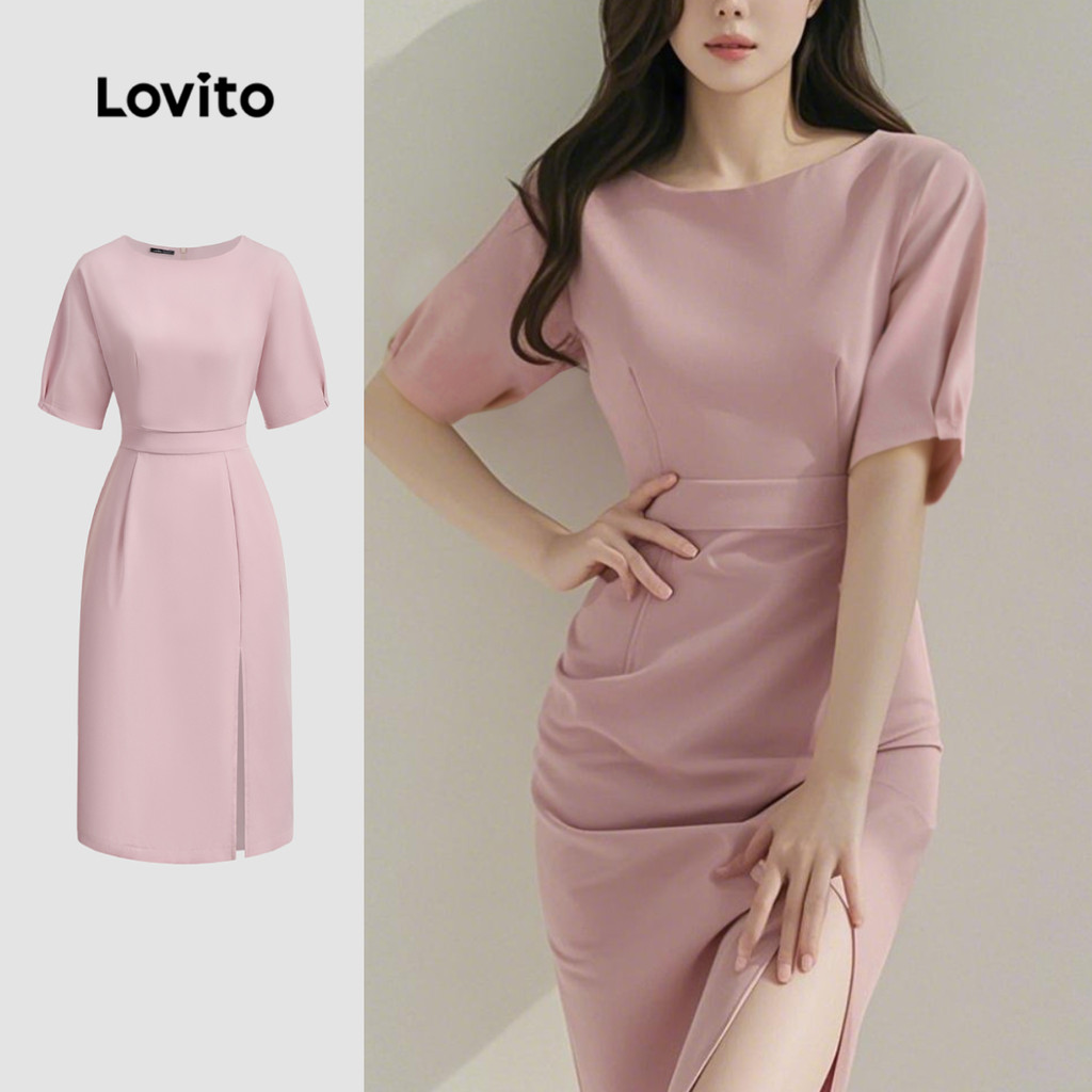Lovito Vestido elegante liso plissado para mulheres L131ED070 - Women Clothes