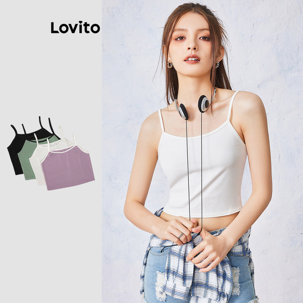 Lovito Top Casual em Cor Lisa L00008 (Verde/Rosa/Branco/Preto/2Pçs/3Pçs)