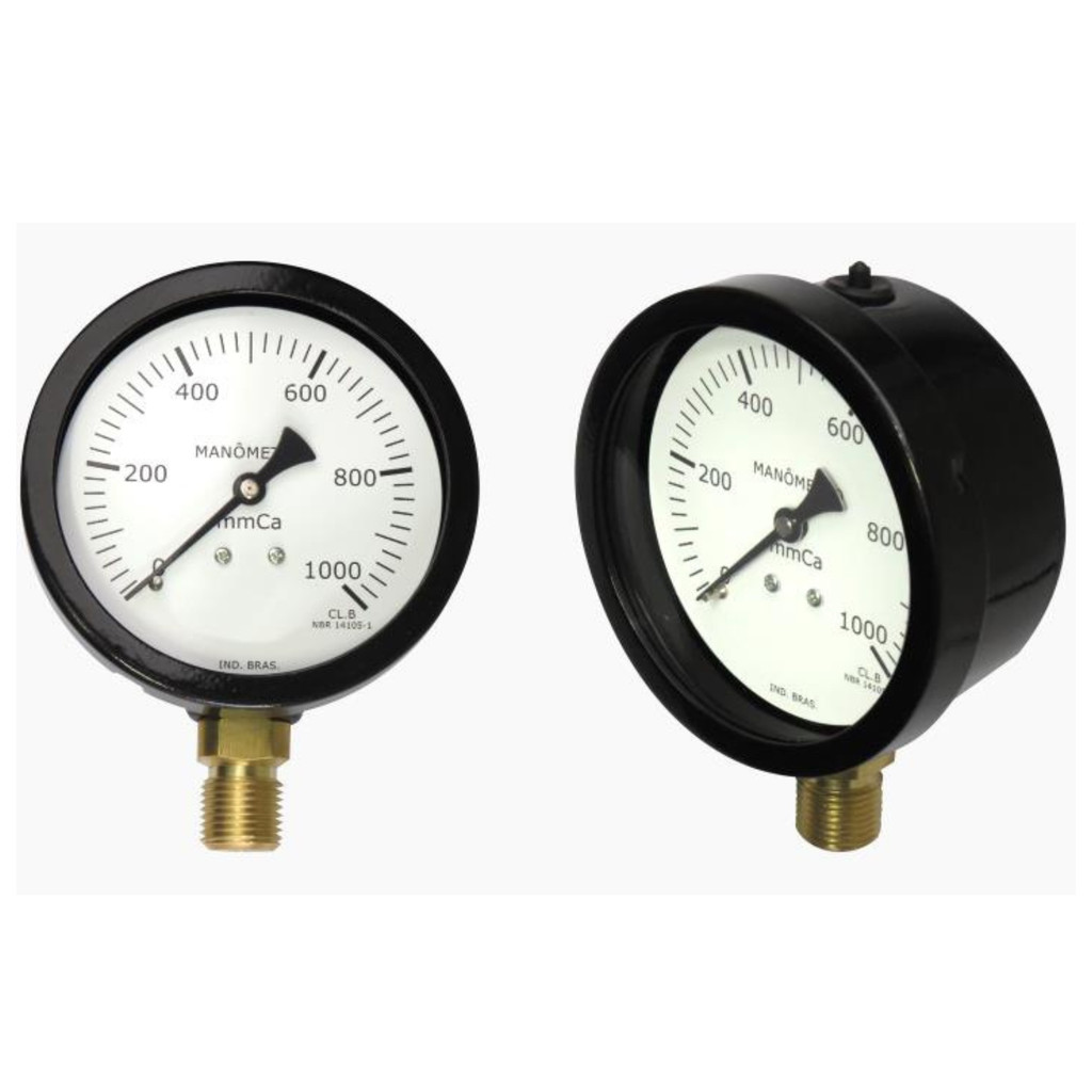 MANOMETRO CAPSULAR Ø100 SAÍDA LATERA 1/2" ESCALA 0-1000 MMCA CAIXA AÇO CARBONO SEM ENCHIMENTO