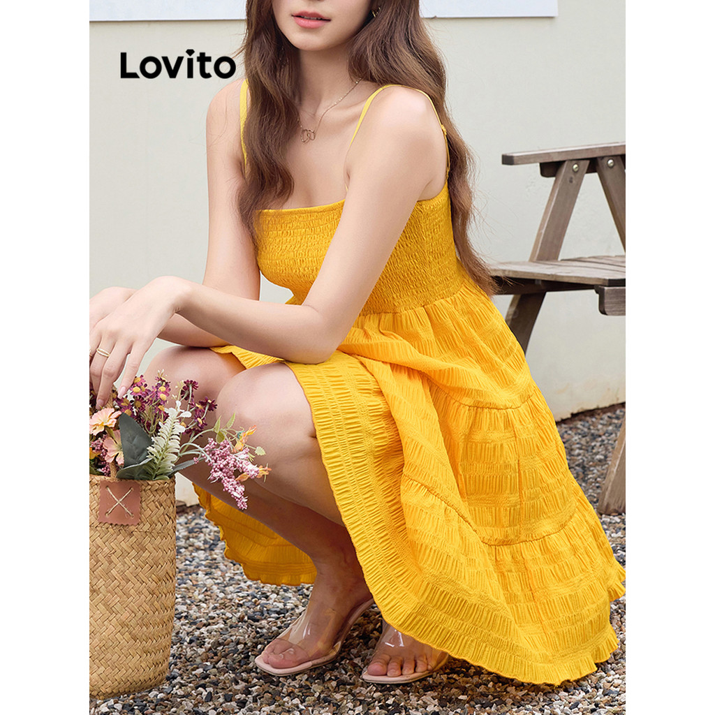 Detalhes do Lovito Vestido Boho Com Babados Lisos E Bainha Em Camadas Para Mulheres L100MD067