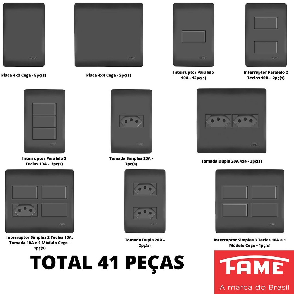41un Tomadas Interruptores Com Placa 4x2 4x4 Habitat Black Preto FAME K27