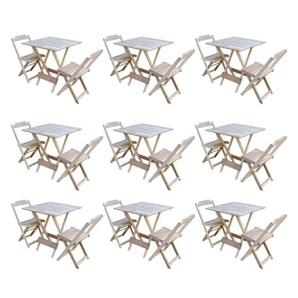Kit 9 Conjuntos De Mesa Dobravel Com 2 Cadeiras De Madeira 70X70 Para Restaurante E Bar - Sem Pintur