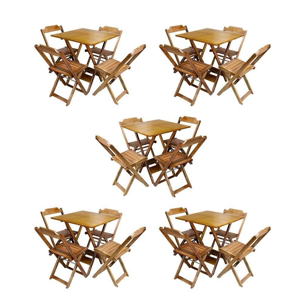 Kit 5 Conjuntos De Mesa Dobravel Com 4 Cadeiras De Madeira 70X70 Para Restaurante E Bar - Mel