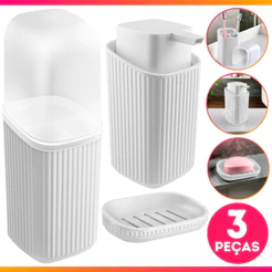 Kit Jogo de Banheiro Lavabo 3 Peças C Dispenser Sabonete Líquido Porta Escova de Dente e Saboneteira