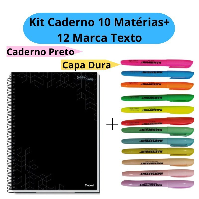 Kit 12 Marca Texto (6 Neon + 6 pastel) + Caderno Universitário 10 Matérias Caderno Preto Capa Dura Espiral Escolar em Oferta na Shopee