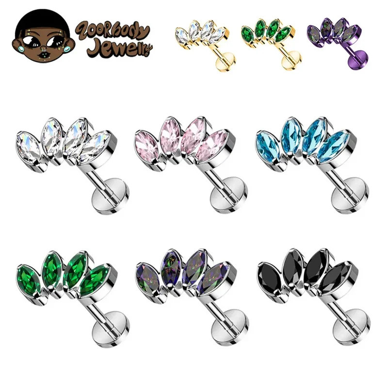 ASTM F136 Titanium Marquise Lotus CZ Labret Piercing 16G 18G Tragus Helix Cartilagem Shell Brinco ZOR Body Piercing Jóia