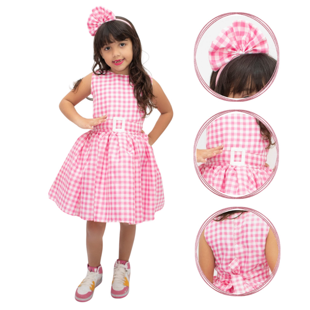 Vestido Xadrez Rosa Barbie Infantil Temático com acessório