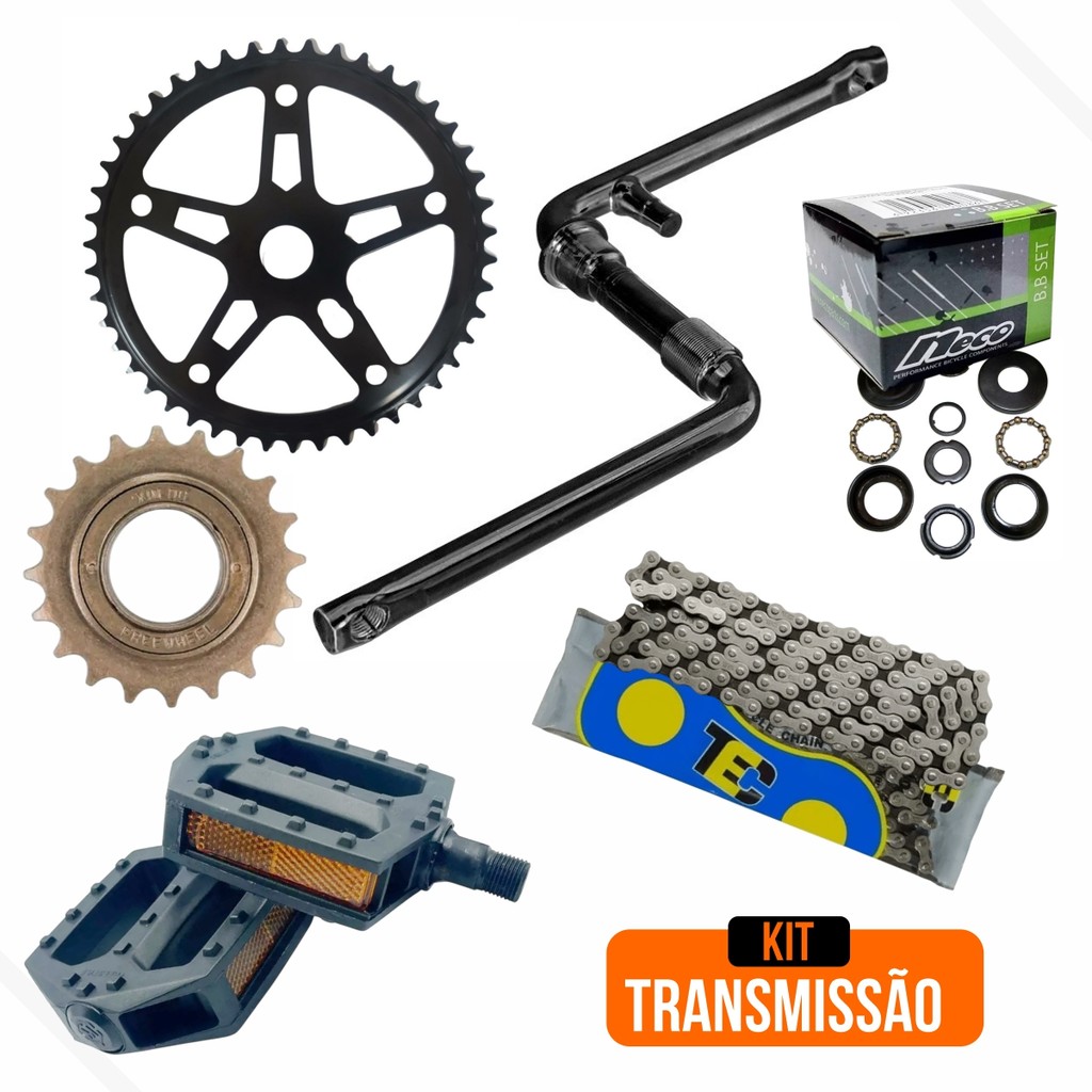Transmissão Bike 26 - Central 45mm + Pedivela + Engrenagem + Corrente Grossa + Catraca 20d + Pedal